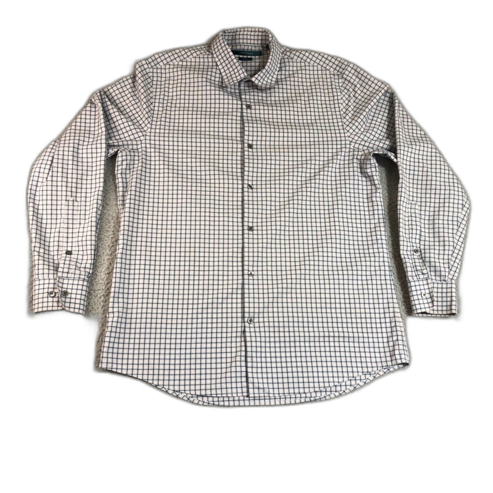 Perry Ellis Shirt Men‎ Large Gray Plaid Oxford Button Up Slim Fit Collar